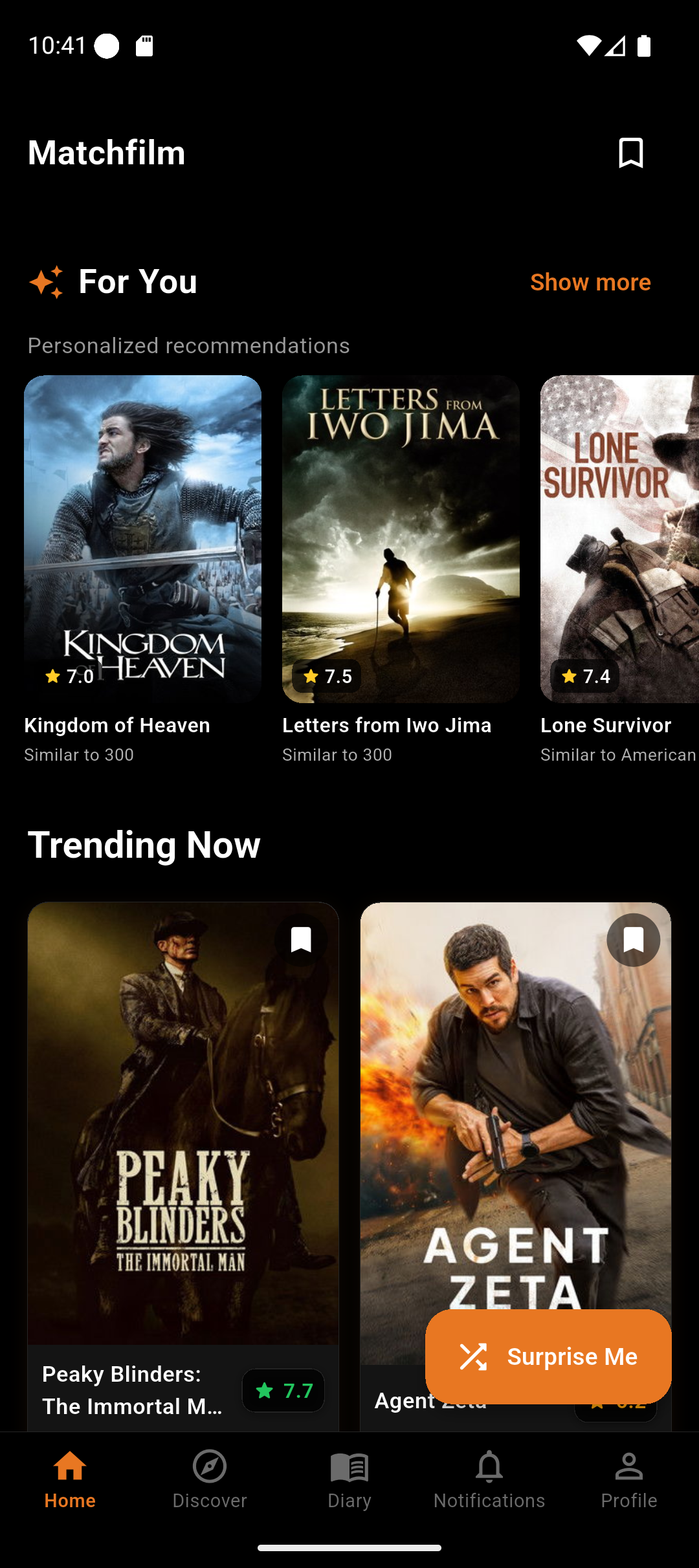 Móvil: inicio con filas personalizadas y tendencias