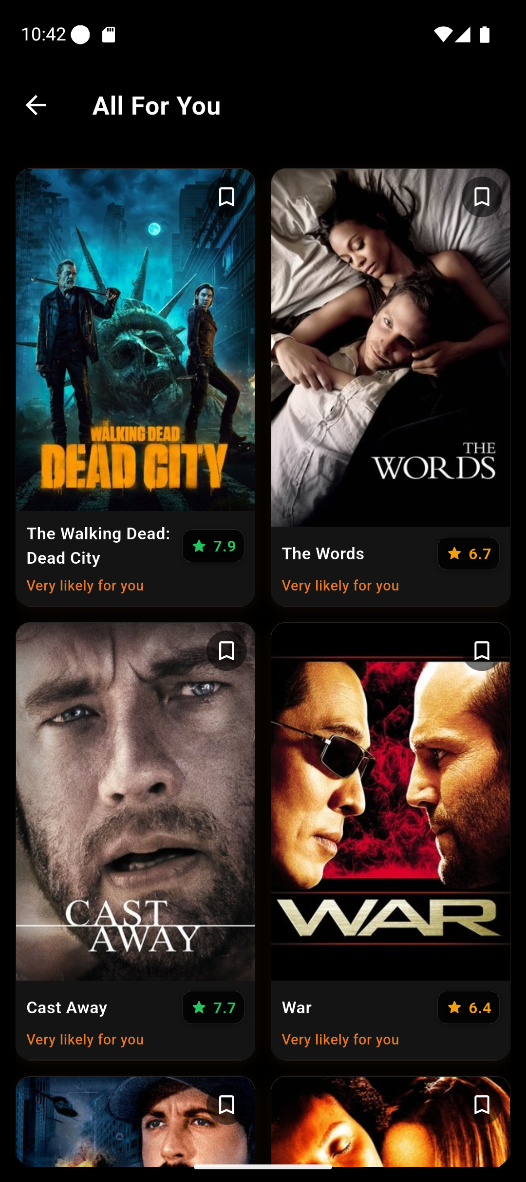 Móvil: cuadrícula de recomendaciones con pósters de mucho contraste