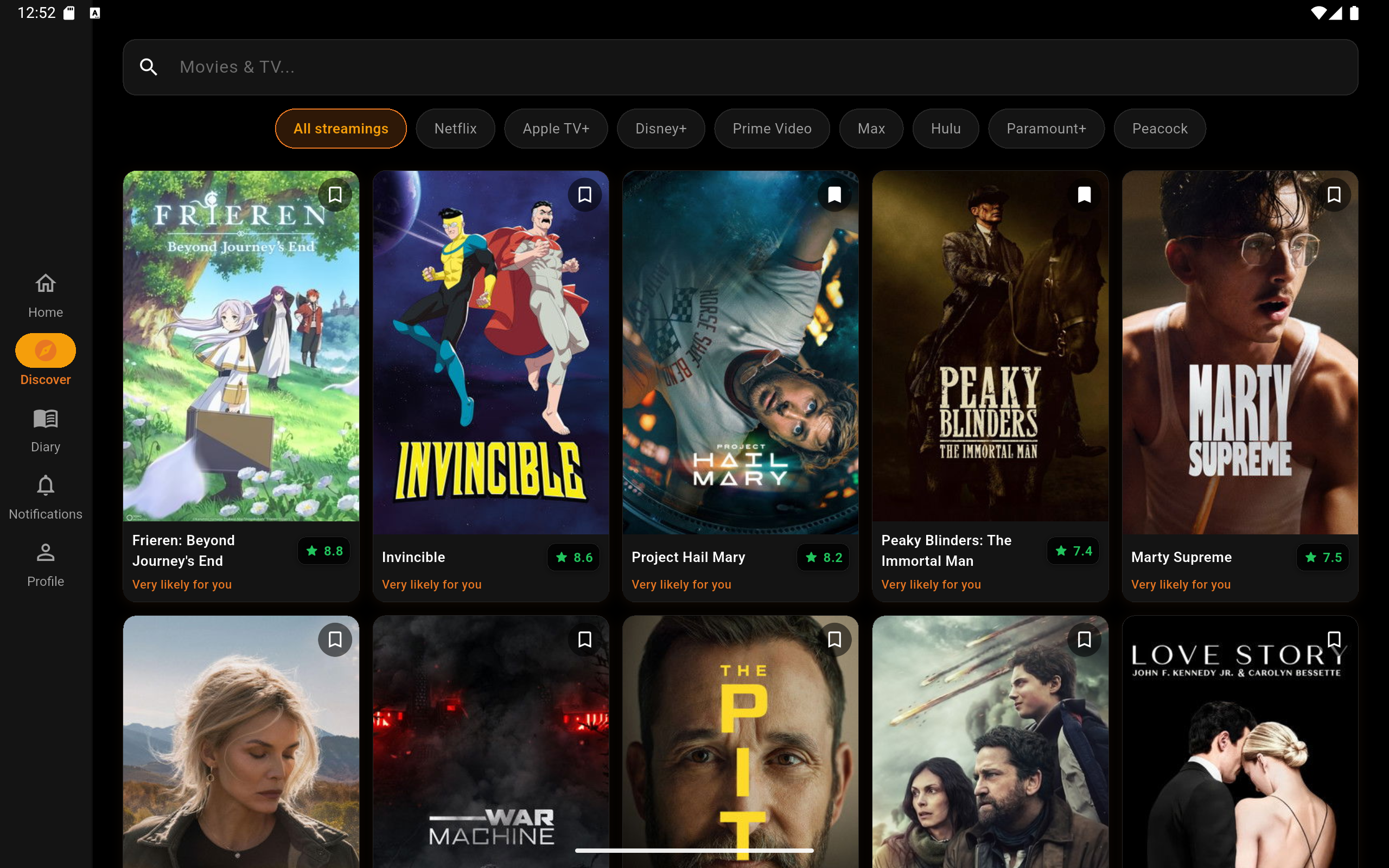 Tablet: pantalla Descubrir con filtros de streaming y cuadrícula amplia de recomendaciones