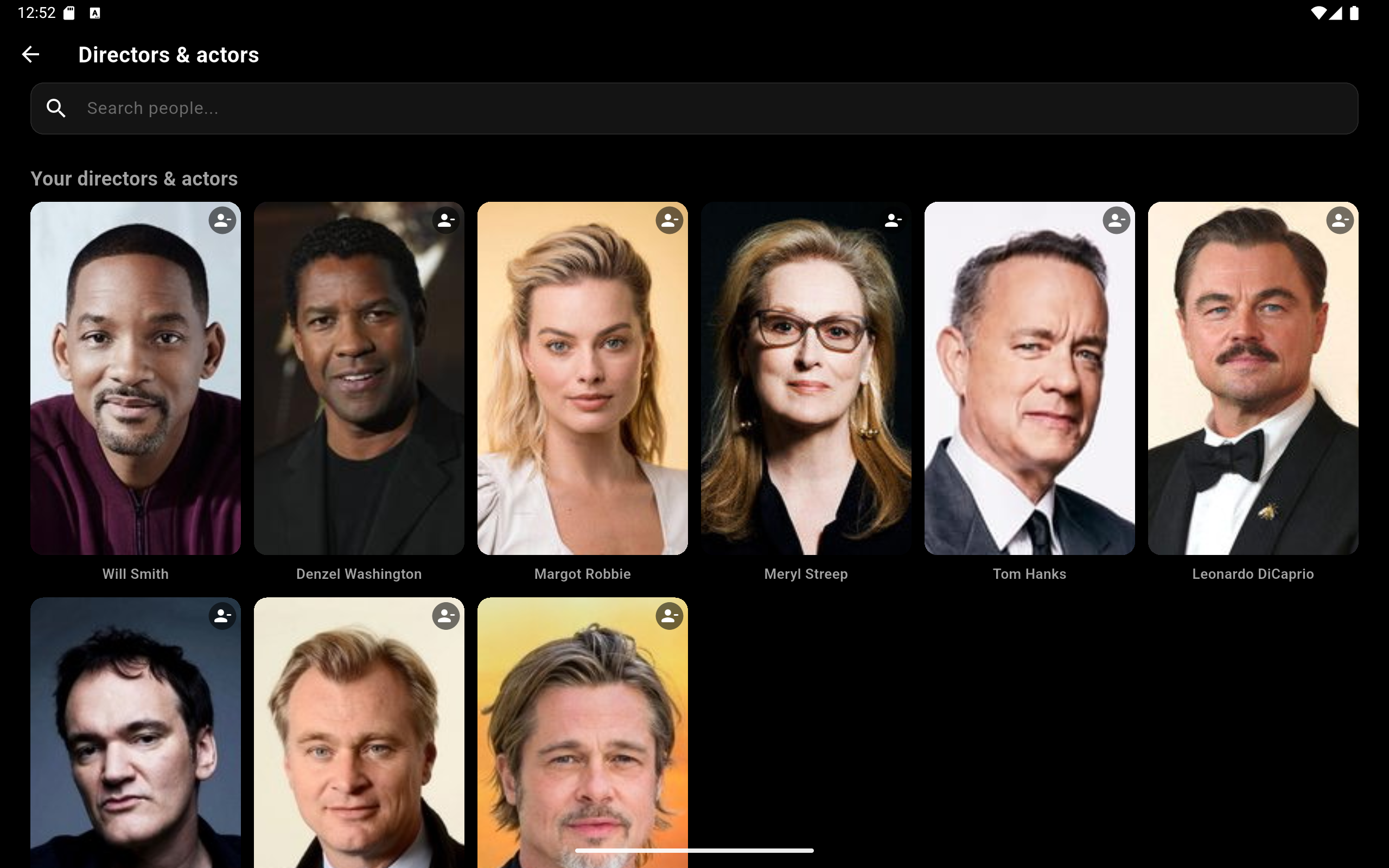 Tablet: pantalla de directores y actores con malla visual pulida