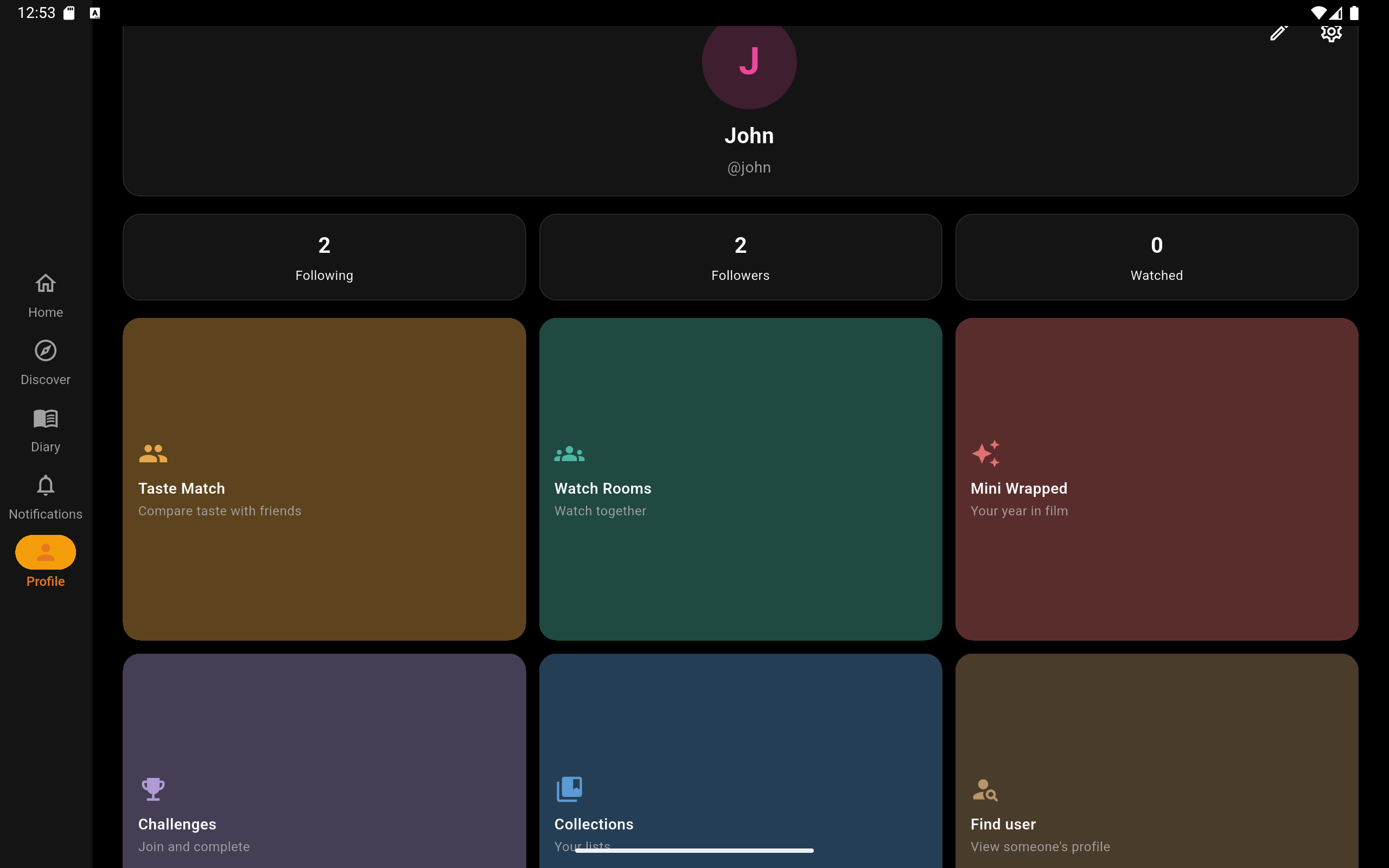 Tablet: perfil con mosaicos de Taste Match, Watch Rooms y retos